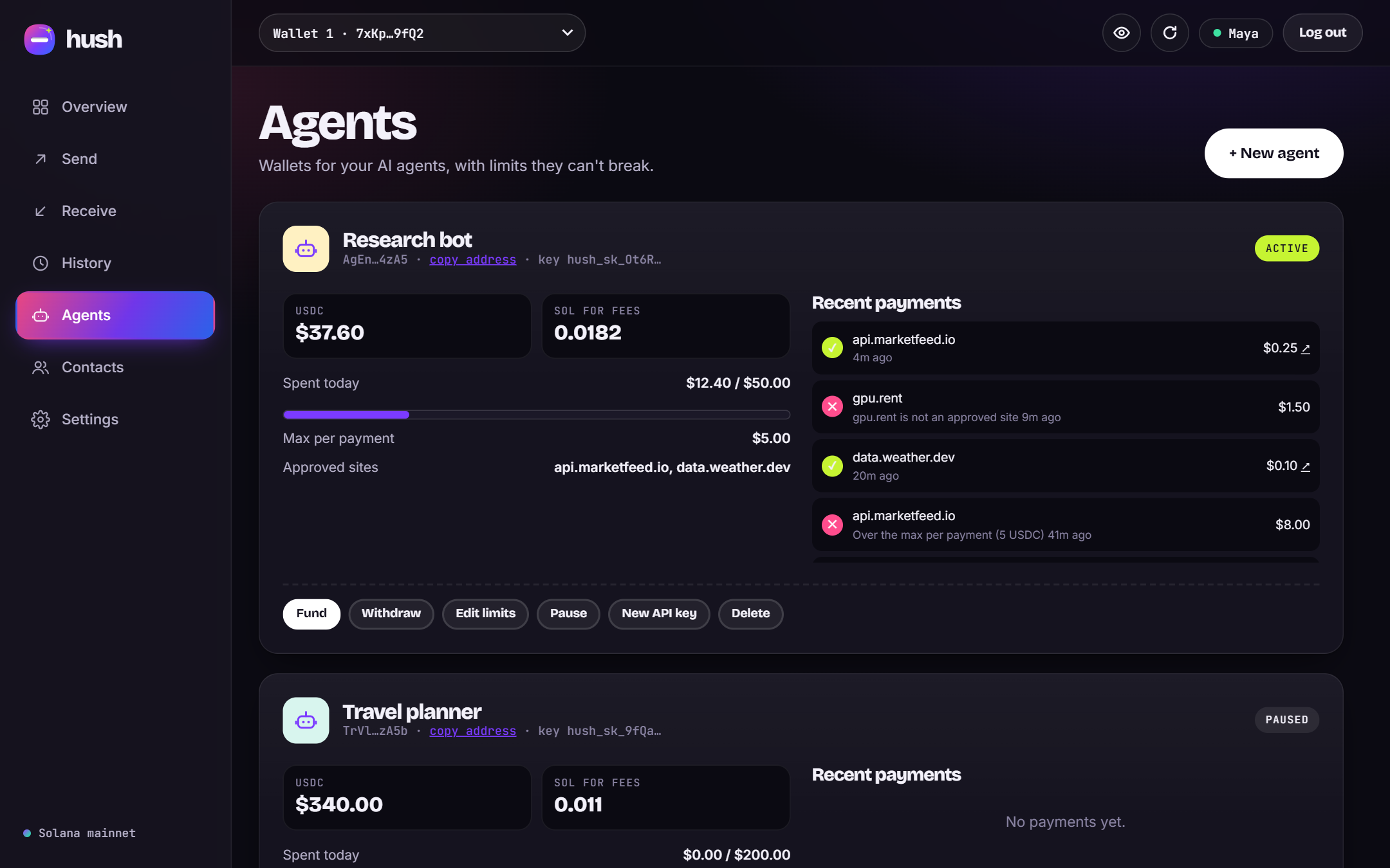 An agent called Research bot with $12.40 of its $50 daily budget spent, and a log showing paid and blocked payments