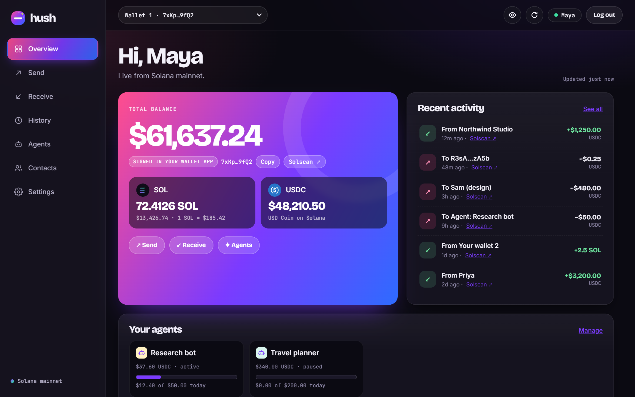 The Hush dashboard: total balance of $61,637, SOL and USDC balances, recent payments and two AI agents with daily budgets