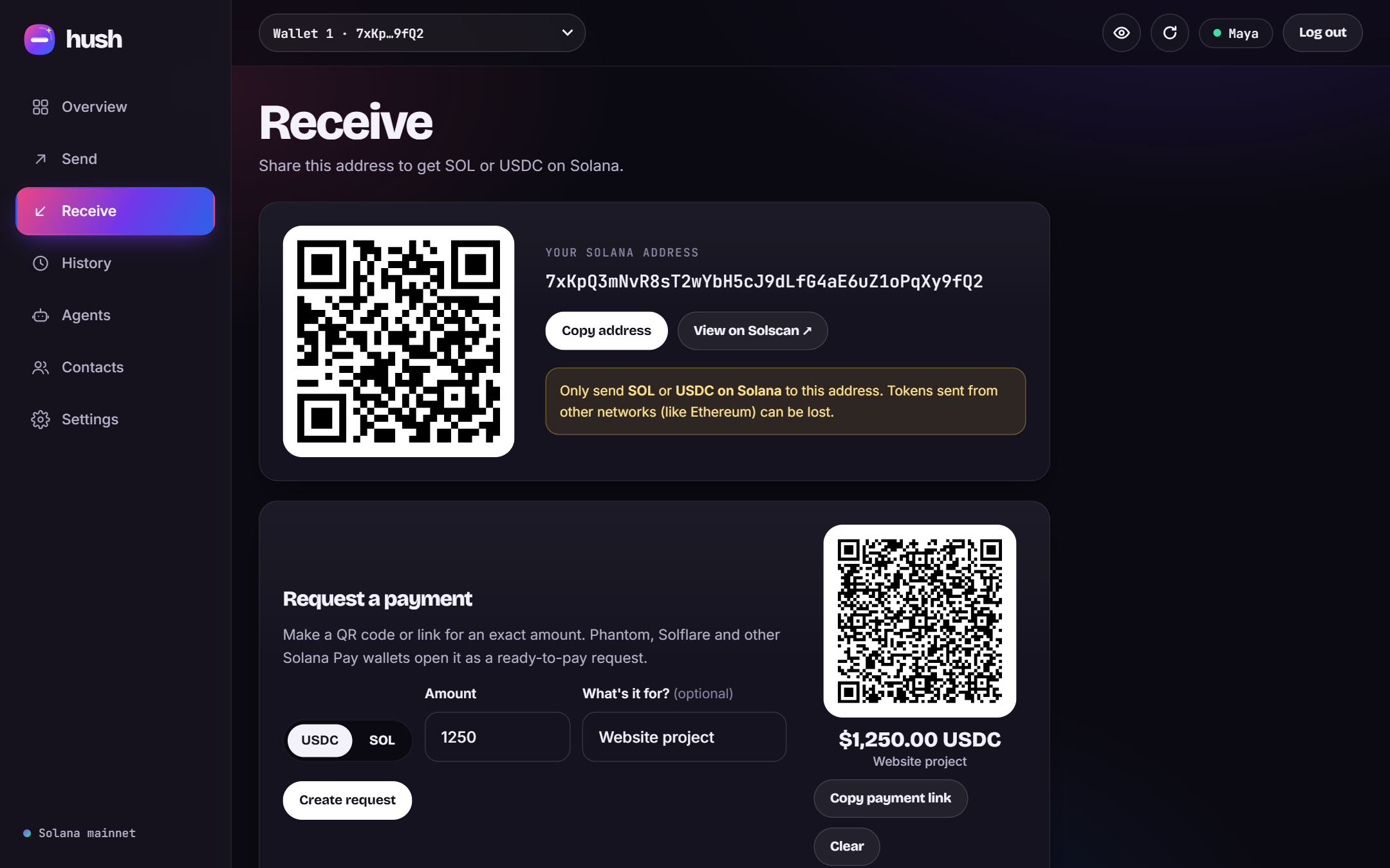 A Solana Pay request for 1,250 USDC with a QR code