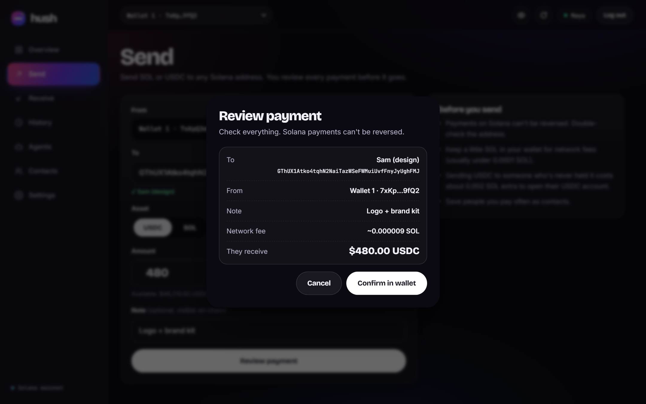 Reviewing a $480 USDC payment to Sam, with a network fee of about 0.000009 SOL
